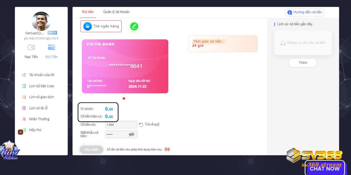 Số dư không đủ dẫn tới lỗi rút tiền SV368